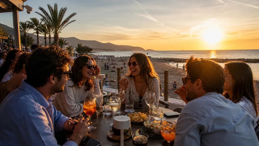 Gruppo di amici che fa aperitivo al tramonto vista mare